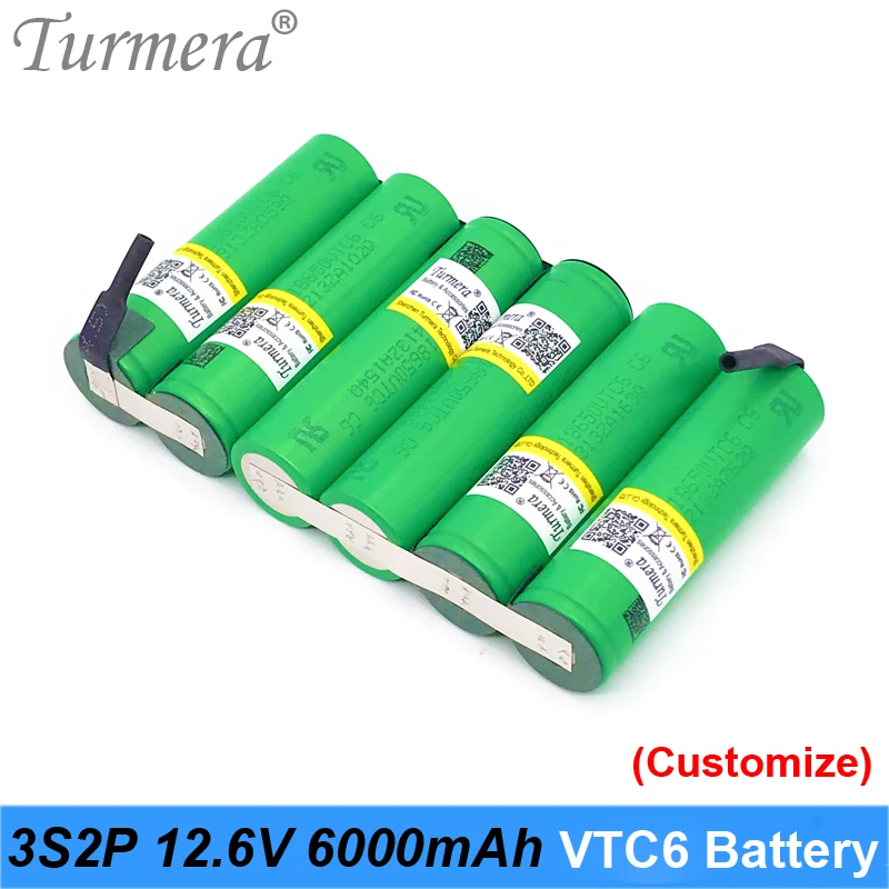 Turmera 10.8V 12.6V 3S2P 6000mAh Li-ion Battery 18650 VTC6 3000mAh 30A Battery with Soldering for Screwdriver Battery Customized 01