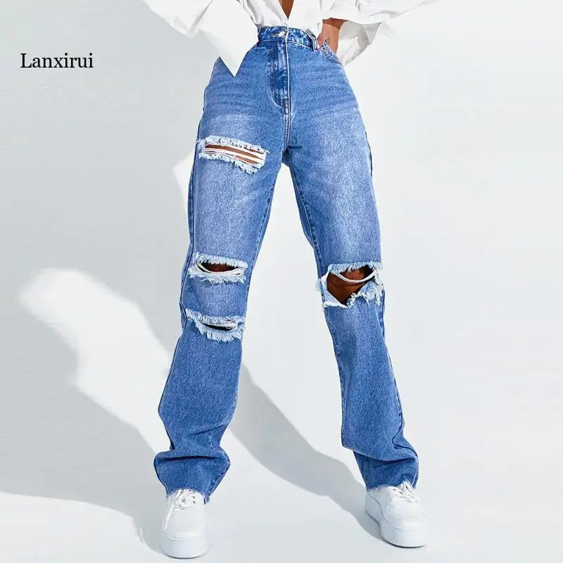 

Straight Jeans Mom High Waist Female Denim Pants Cut Out Hole Design Slit Ripped Trousers Loose Women Clothing Boyfriend Street