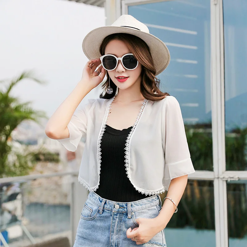 Fashion Chiffon Kimono Cardigan Casual 3/4 Sleeve Loose Black White Women Blouses Shirts  Summer Sunscreen Top