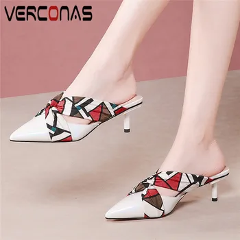 

VERCONAS Women Mules Slippers New Arrival Pointed Toe Sandals High Heeled Basic Shoes Summer Genuine Leather Shoes Woman