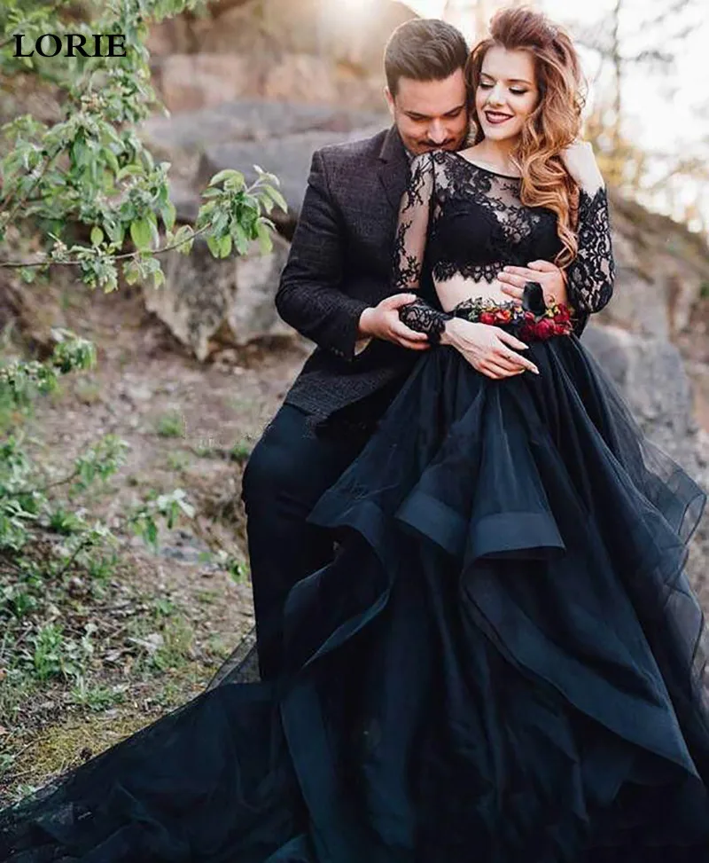 Лори Черное свадебное платье 2 шт сексуальное кружевное свадебное платье с длинным рукавом элегантное Бохо свадебное платье невесты - Цвет: Черный