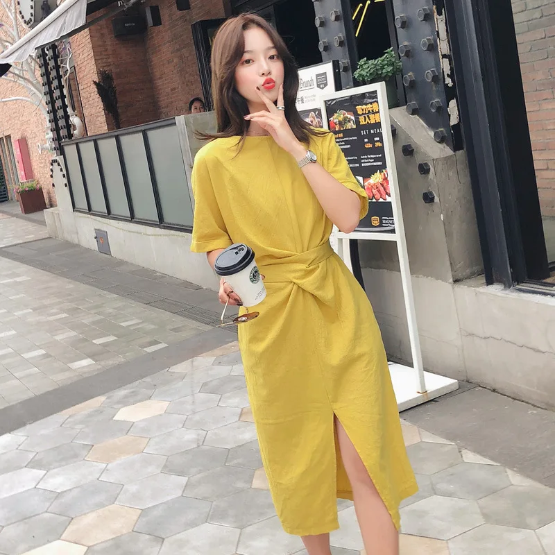 

Summer Waist Hugging Short Sleeve Slimming Normcore Style French GIRL'S Retro Minimalist Mid-length Yellow Dress