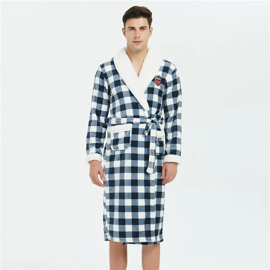 Зимний фланелевый теплый халат-кимоно, одежда для сна из кораллового флиса, Однотонная ночная сорочка, мягкий Повседневный халат, Мужская домашняя одежда - Цвет: Lattice