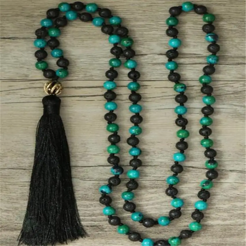 

6mm Turquoise lava Gemstone 108 Beads Tassels Mala Necklace Meditation spirituality Wrist MONK Unisex Buddhism yoga DIY Cheaply