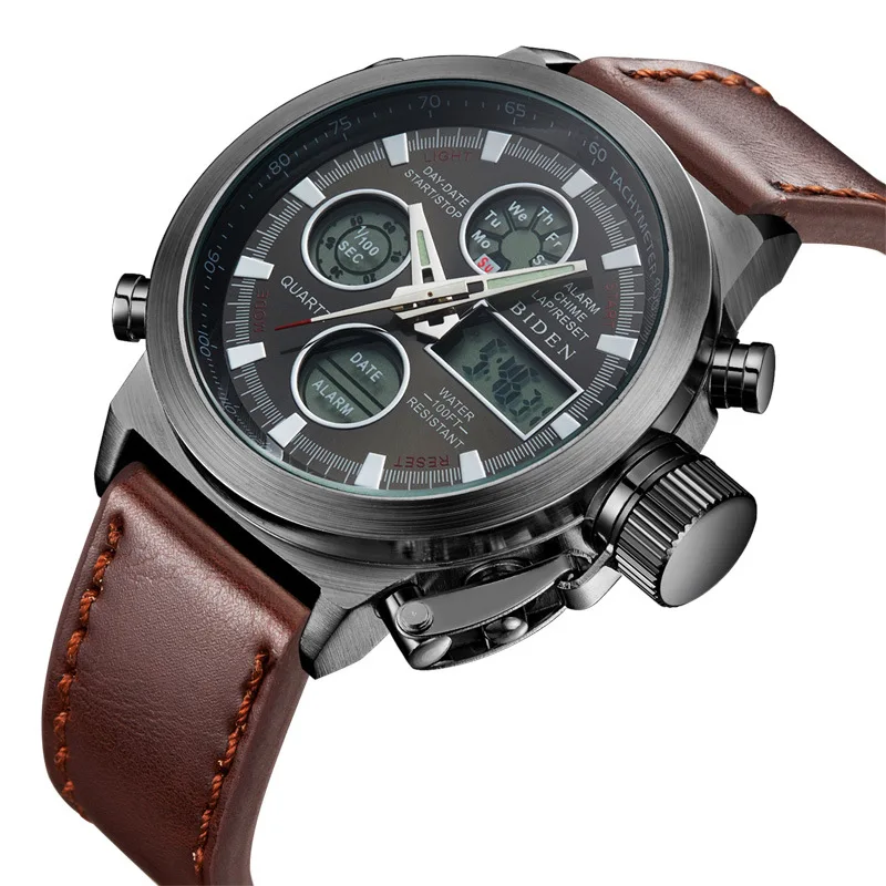 

Biden Double Inserts Electronic Watch Waterproof Sports MEN'S Watch Leather Belt Calendar Multi-functional Watch