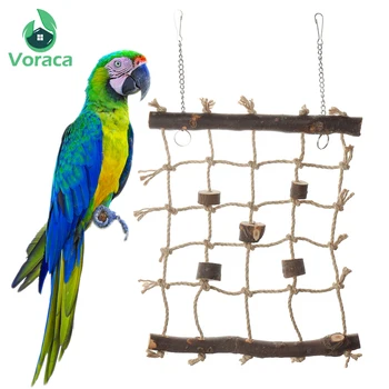 

Parrot Climbing Net Hanging Swing Ladder Bird Toys Chewing Bating Accessories Hemp Rope Pet Chew Toy Play Natural Wood Stand