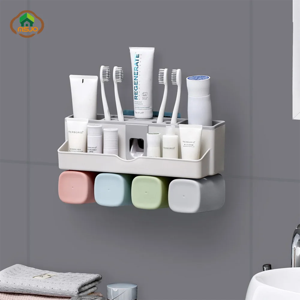 

MSJO Toothpaste Dispenser And Tooth Brush Holder Bathroom Accessories Storage Makeup Organizer Cup Rack Creative Home Decor