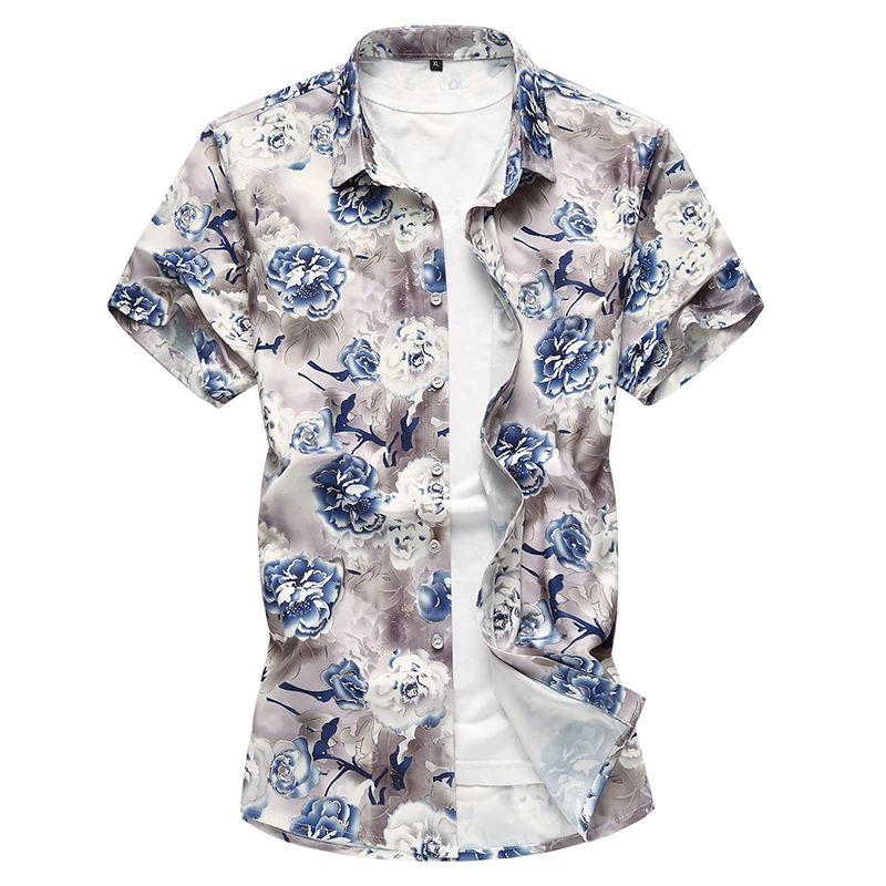 

Exquisite blue and white flower print fashion short sleeve shirt Summer quality camisa masculina plus size luxury men shirtM-7XL