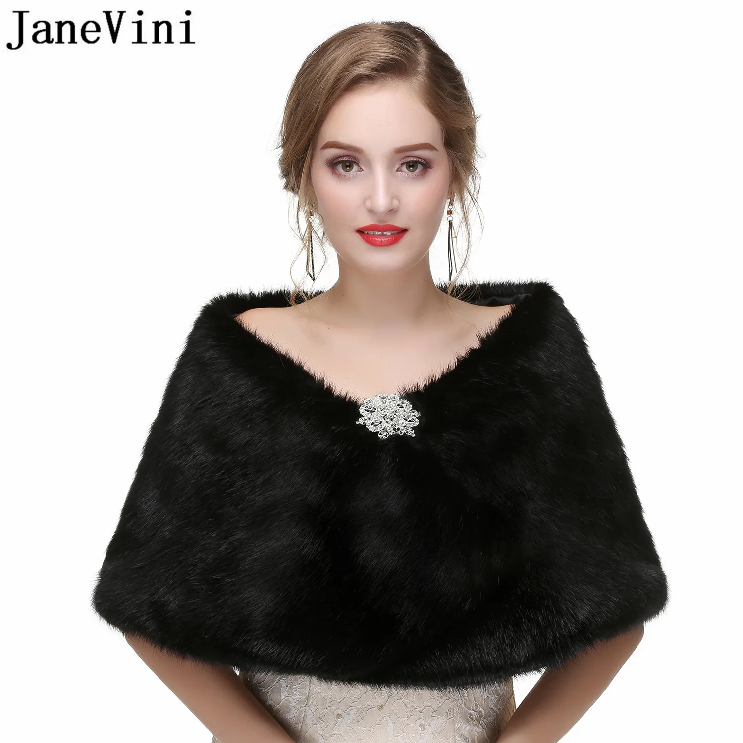 JaneVini Piumino Donna Black Fur Stola Bride Beaded Evening Bolero Wedding Jacket Bridal Coat Wraps Bolero Stoles Faux Fur Shawl