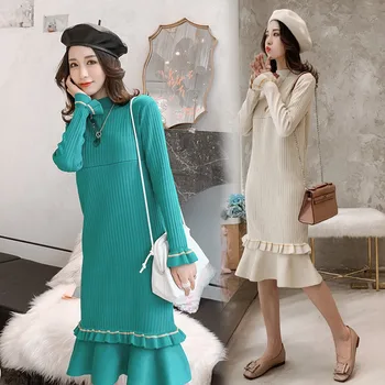 

Pregnant women sweater autumn and winter fashion knit dress Korean version of the long paragraph pregnant women can breastfeed