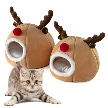 

Christmas Elk Antlers Three-dimensional Tent Cat Litter Plush Pet Sleeping Bed 449C