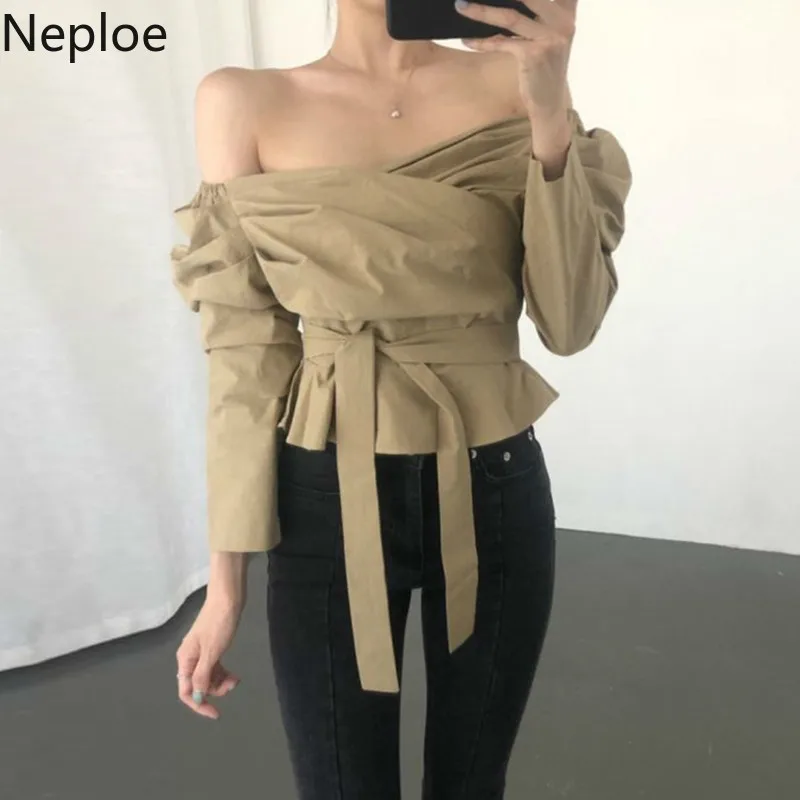 Neploe Корейская шикарная Ретро стиль вырез лодочкой с открытыми плечами блузка