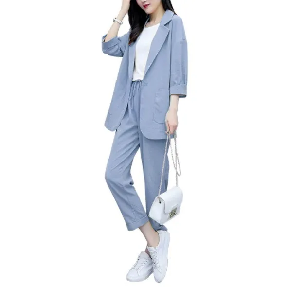 

Summer Office Trouser Suits for Women Autumn Pant Suits 3/4 Sleeve Blazer Jacket & Pencil Pants Blue Yellow Beige Female Suit