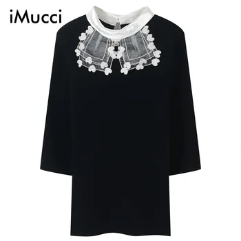 

Spring new sweater 2020 fashion embroidery mesh collar crew neck five sleeve slim bottoming coat