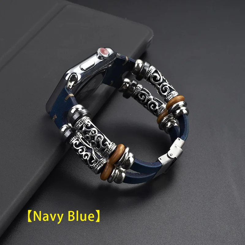Navy Blue UEBN из натуральной кожи в стиле ретро для наручных часов Apple watch series 5 ремешок двойной круг 38 мм 42 мм 40 мм 44 мм, ремешок для наручных часов iwatch 3/4/5 часов - Цвет ремешка: Navy Blue