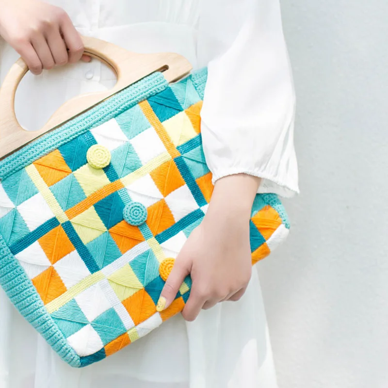 

Lady Tote Bag Woolen Yarn Handmade Handwoven Geometric Pattern fashion Wooden Handle Elegant Handbag Shopper Bag Yellow 2019 New