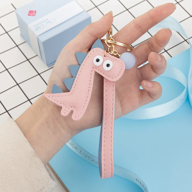 Cartoon Dinosaur Keychain PU Leather Cotton Fillled Blue Pink Brown Grey Pendant Car Personality Lady Keyring Bag Lanyard Gift 2