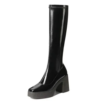 

Platform high boots women 2020 autumn new waterproof platform high heel patent leather rider boots stretch leather stovepipe boo