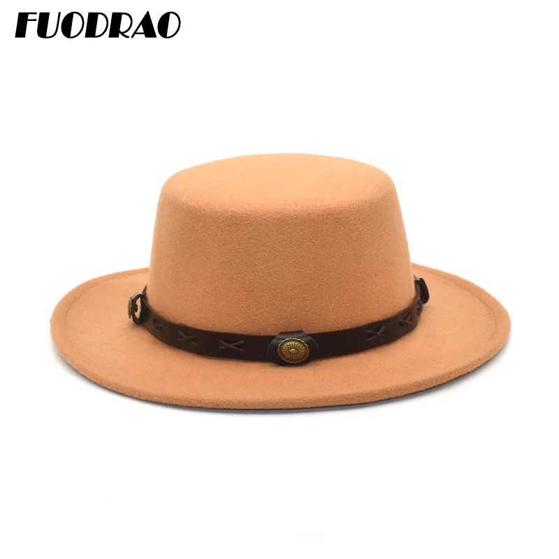 

FUODRAO New Classic Solid Color Fedora Hat Women Wool Flat Top Bowler Hat Man British Vintage Wide Brim Jazz Cap Khaki Black P20