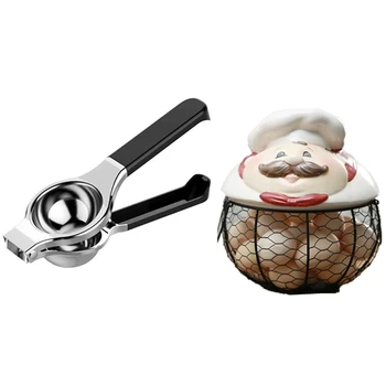 

1 Pcs Stainless Steel Manual Lemon Juicer, Silicone Handle & 1 Pcs Ceramic Egg Holder Chicken Wire Egg Basket