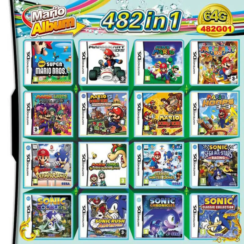 

482 in 1 Video Game Accessories Parts Compilation Cartridge Card for DS/3DS/2DS Console Super Combo Multi Cart