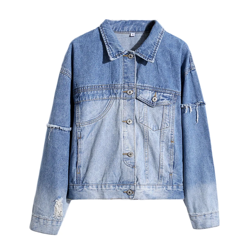 

Spring women denim jacket vintage long sleeve coat loosen big size fashion all match hole jacket for women