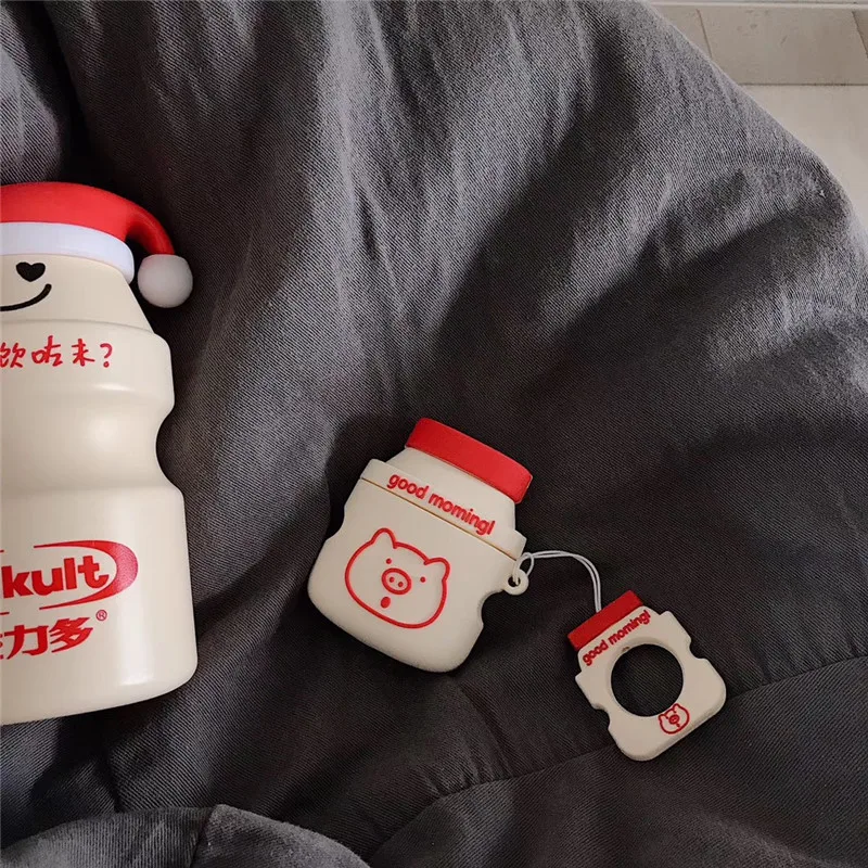 Симпатичные кожухи головных телефонов для AirPods чехол силиконовый мультфильм чехол для Apple Air pods 2 Забавный чехол для Earpods кольцо ремешок Fundas Coque - Цвет: Yakult White-B