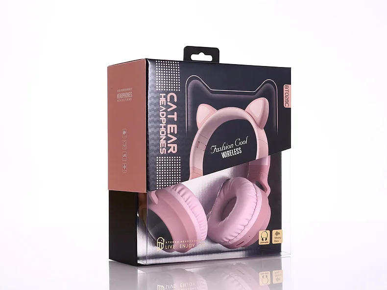 Kids Bluetooth Headset Wireless Music Cute Glowing Led Cat Ear Headphone for Girl Gift Stereo Earphone with Mic for Mobile Phone - Цвет: Pink with box