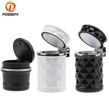 

POSSBAY Car Ashtray with Blue LED Light Cigarette Ash Tray Container White Black Mini LED Light Car Ashtray Interior Accessories