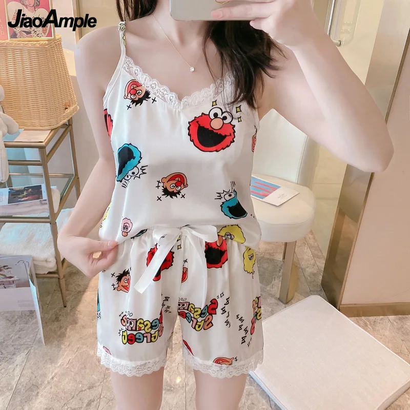 2022 New Summer Pajamas Female Silk Cute Pijamas Suit Korean Casual Suspender Shorts Home Clothing Set Sexy Sleepwear Homewear