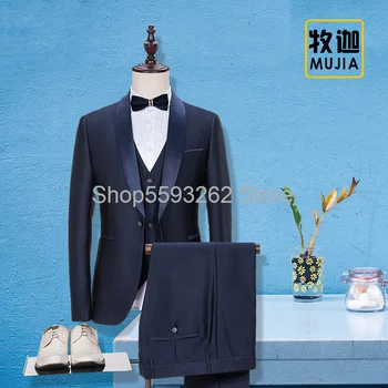 

Men's solid color single row one button casual suit three-piece wedding banquet dress set