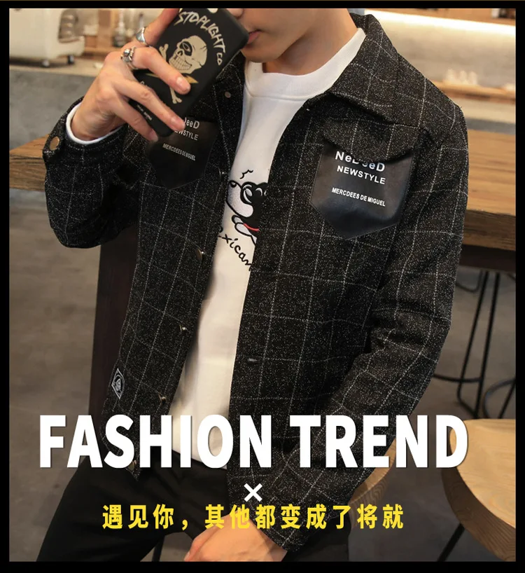 Now Spring And Autumn New Style Men Fold-down Collar Plaid Printed Coat Hong Kong Style Casual Large Size Slim Fit Jacket Men's
