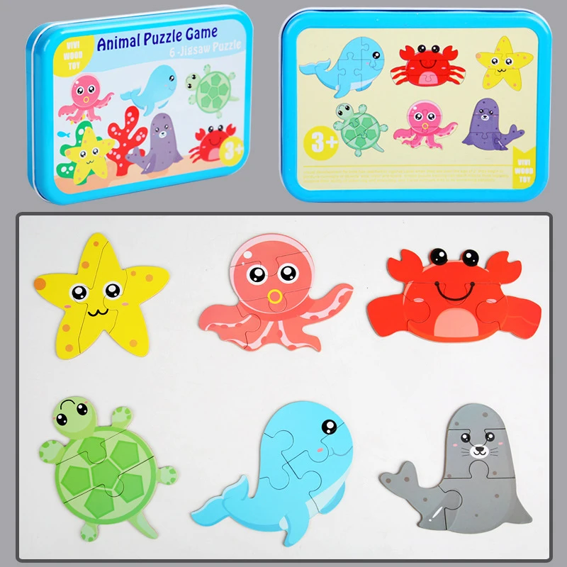 4-6 sets / box iron box wooden jigsaw fruit vegetable animal cartoon jigsaw Board puzzle Baby early education educational toy