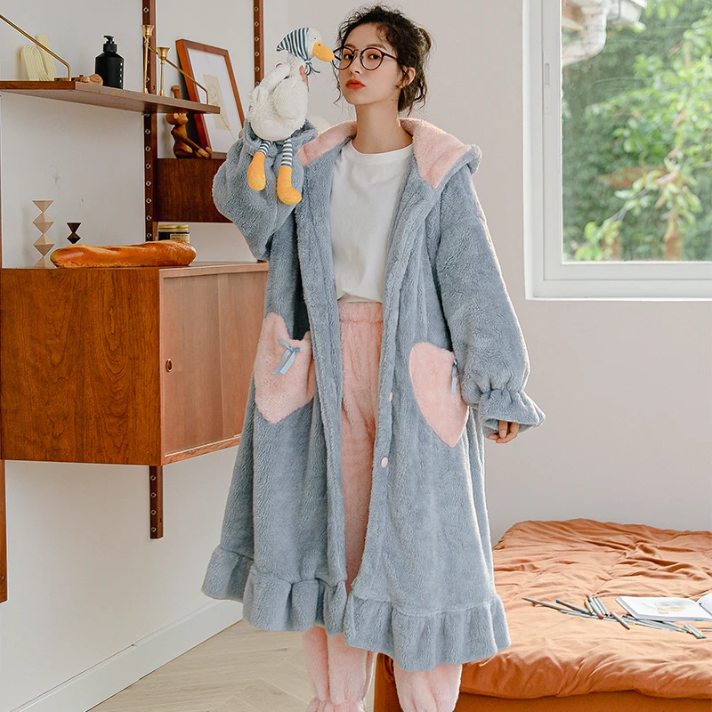 Women's Dressing Gown Fleece Hooded Bathrobe Princess Robe Fluffy Warm Sherpa Shaggy Kimono Shark Winter Woman Coats For Home