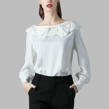 

Fashion Slash Neck Bow-knot White Blouse Women Long Sleeve New 2020 Spring Top Loose Plus Size Elegant Office Ladies Top Blouses