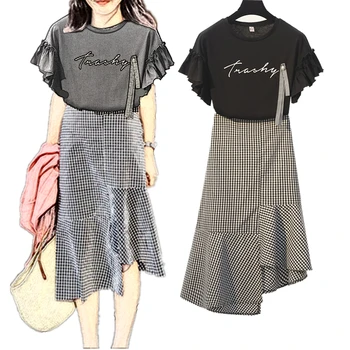 

Plus size Summer two piece set for women black short sleeve t shirt and irregular ruffle maxi skirt set 2020 korean 2 pieces set