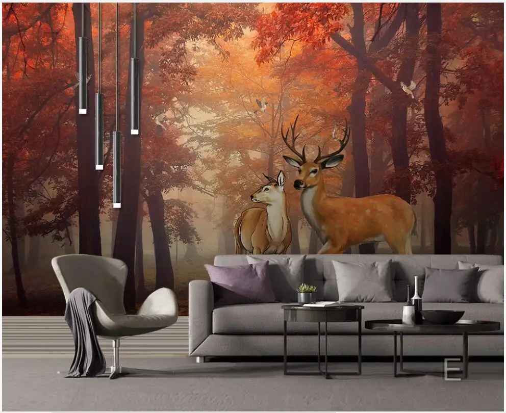 

wall paper 3 d custom any size 3d wall mural on the wall European style oil painting golden forest elk wallpaper for living room