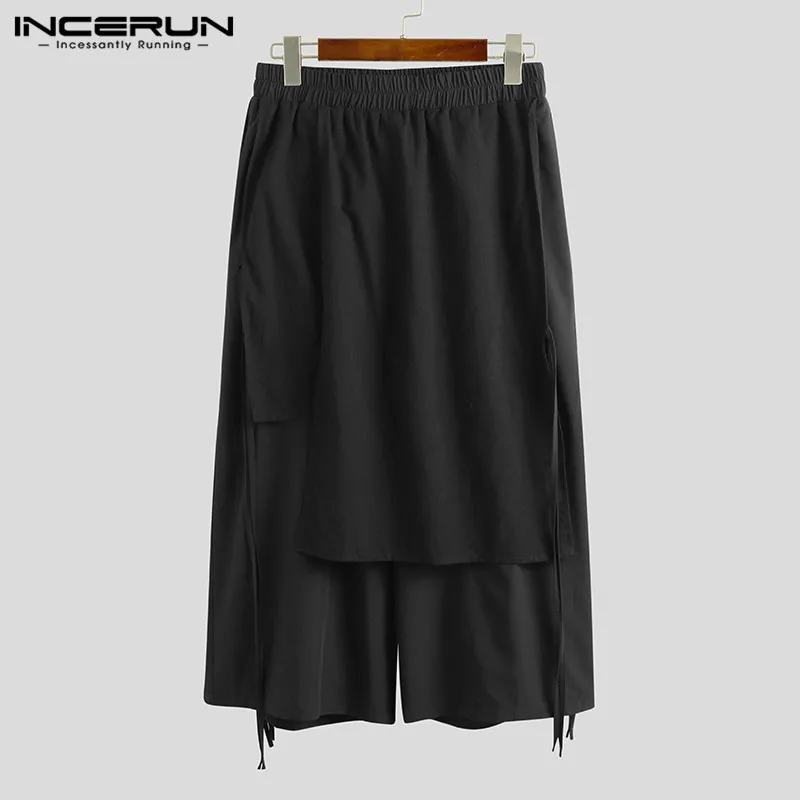 Wide Leg Pants Wide Leg Sweatpants INCERUN Solid Color Men Casual Pants Joggers Elastic Waist Loose Irregular Skirt Trousers Men Streetwear Harajuku Wide Leg Pants
