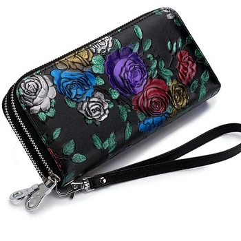 

Double zipper large capacity wallet ladies long leather multi card holder rose wallet