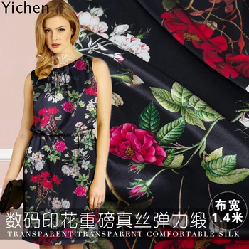

50cm Romantic Flower Real Silk Cloth Wide Rose Printing Elastic Satin Mulberry Silk Dress Lining Silk 20 momme wide 140cm