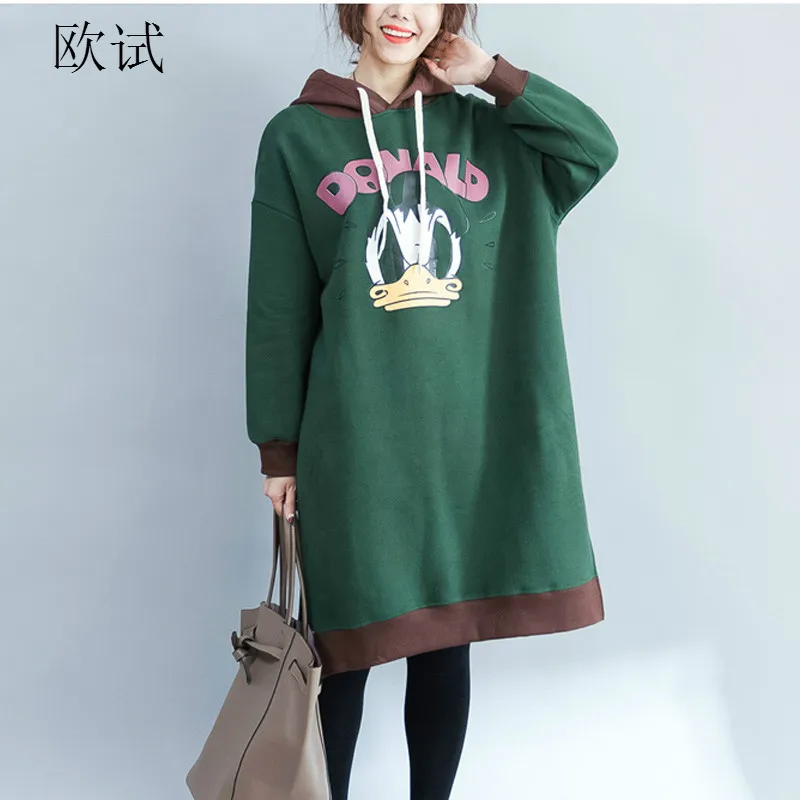 Размера плюс осень-зима, принт с героями мультфильмов длинные толстовки Для женщин в Корейском стиле с капюшоном Толстовка Женская флисовая толстовка платье пуловер 90s