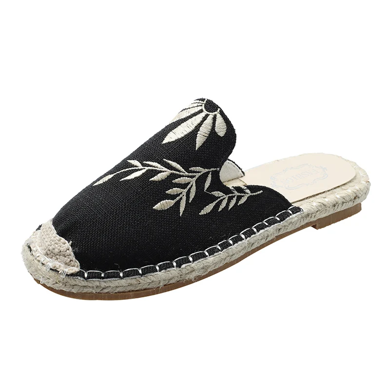 Black mules Weweya/Летние эспадрильи с вышивкой; женская обувь; женские лоферы на плоской подошве с цветочным рисунком; парусиновая обувь без застежки на плоской подошве; женские сабо; повседневная обувь - Цвет: Black mules