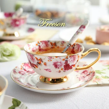 

British Bone China Floral Tea Cup Saucer Spoon Set Europe Ceramic Coffee Cup 200ml Advanced Porcelain Cafe Teacup Drop Shipping