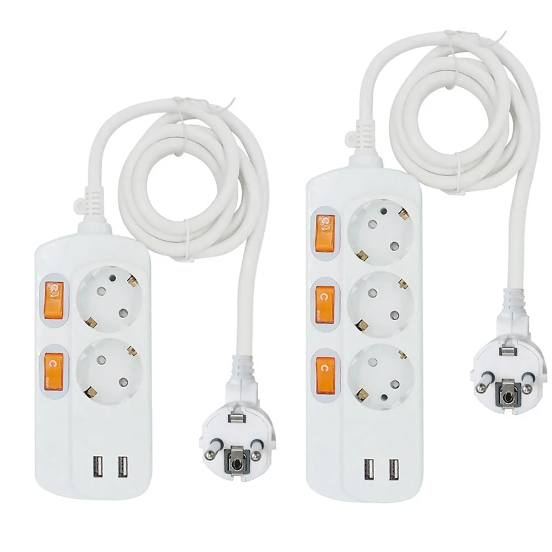 

European Standard Plug Socket Power Strip 2/3 AC Outlet Single Switch Control Extension Cord Socket With 2USB Charger Socket