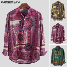 INCERUN в этническом стиле, хлопковая рубашка для мужчин с воротником-стойкой, с принтом, винтажные повседневные рубашки с длинными рукавами для мужчин, Camisa, уличная одежда