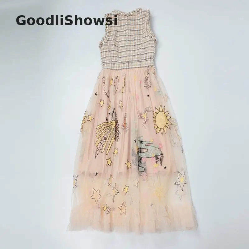 GoodliShowsi, милое элегантное платье в клетку, твид, пэтчворк, сетка, бисероплетение, дизайн с круглым вырезом, без рукавов, вышивка, женское миди платье-жилет