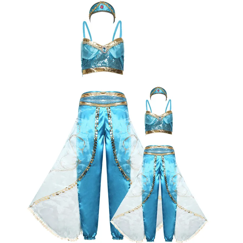 

Parent-child Halloween costume Aladdin magic lamp Jasmine Princess sequins ladies green Indian anime cosplay Halloween dress