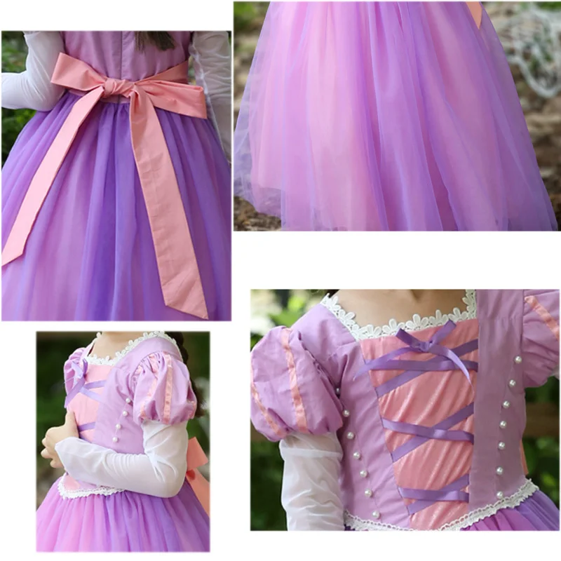 Платье принцессы Рапунцель для девочек; детская одежда для костюмированной вечеринки; детская одежда с длинными рукавами; карнавальные аксессуары для вечеринки по случаю Дня рождения; парик