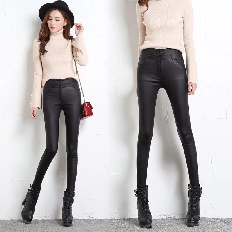 Женские штаны из искусственной кожи с высокой талией, уличная одежда большого размера 3XL, осень/зима, теплые женские брюки - Цвет: Popular Black