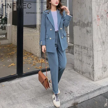 

Fashion Women Blazer Suits Long Sleeve Double- breasted Blazer Pants Suit Office Ladies Two-piece Blazer Sets 2020 V580